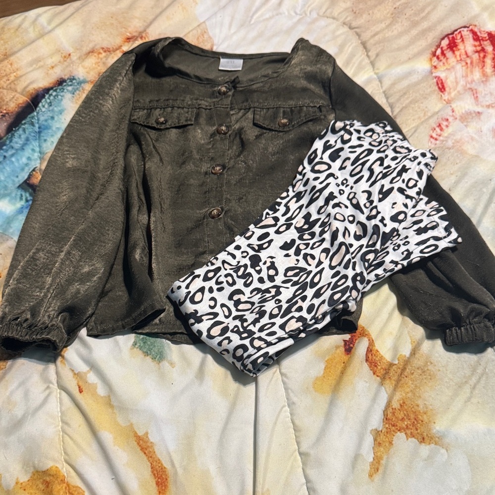 Kids Olive Green and White Leopard Matching Set